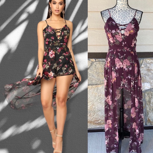 Crystal Doll Pants - Chiffon Floral Romper with Maxi Overlay Size 9